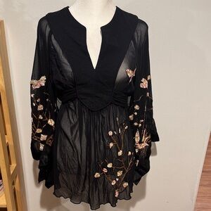 Express Black Embroidered Floral Bird Kimono Sleeve
Sheer Back Tie Top